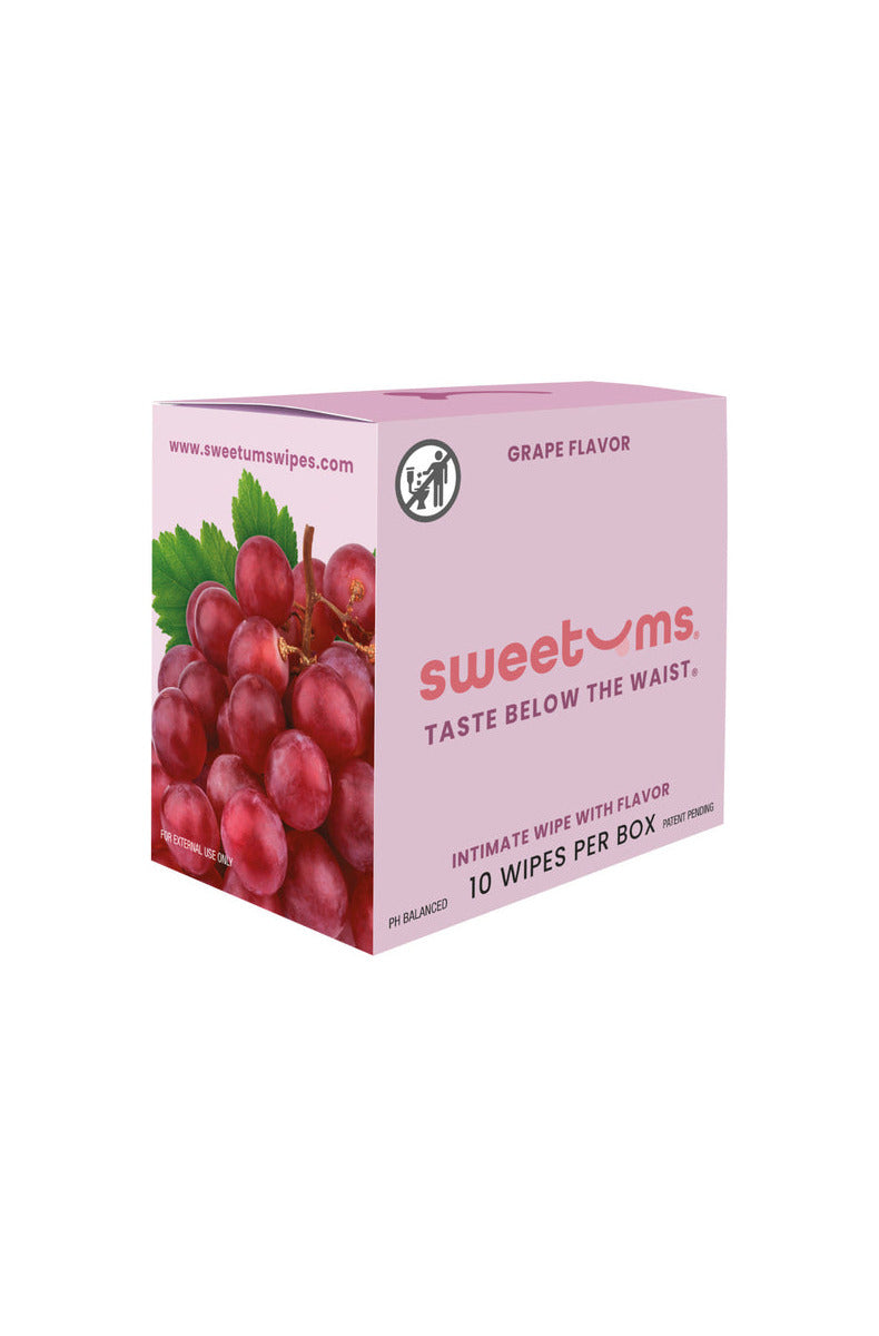 Sweetums Grape flavor intimate wipes box, lavender with grapes, 10 wipes per box.