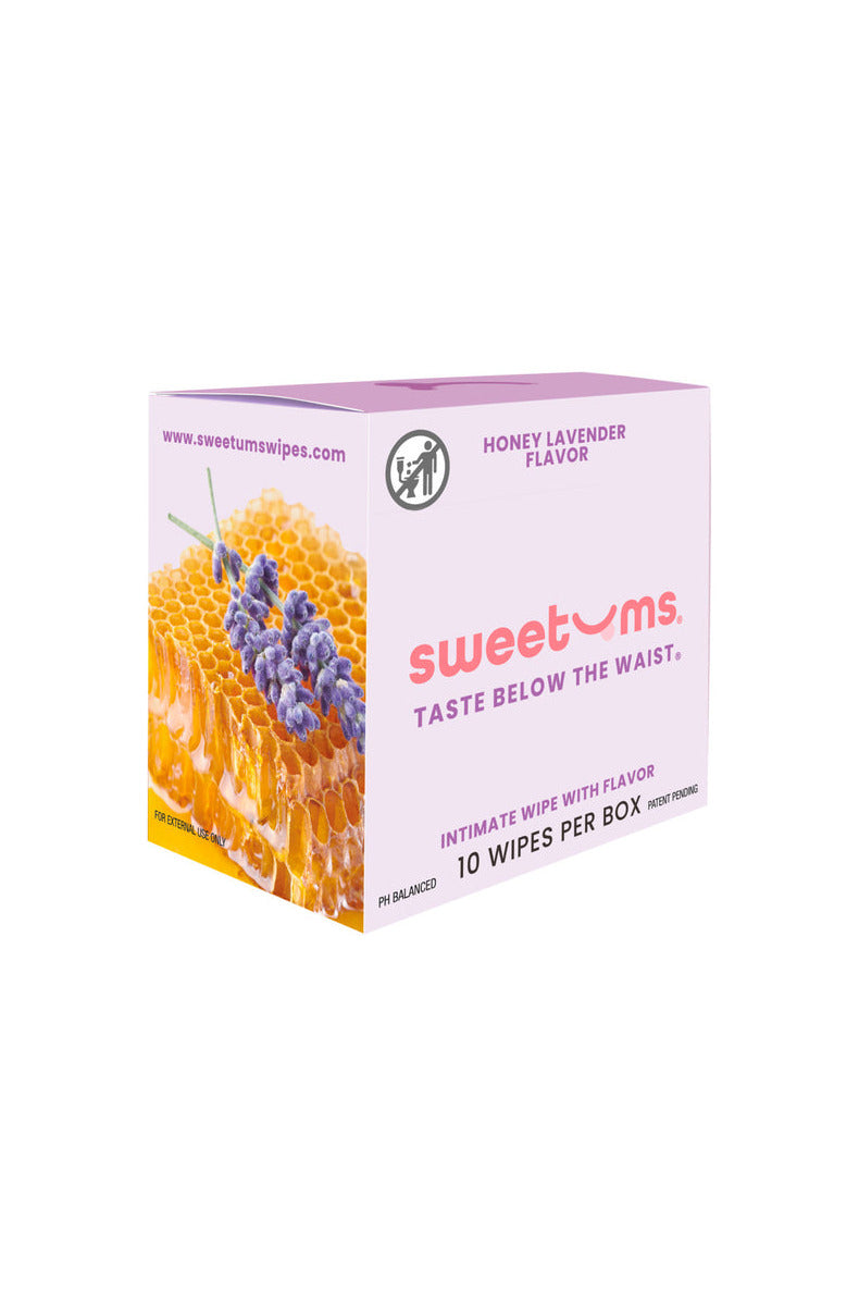 Sweetums Honey Lavender flavor intimate wipes box, purple with honeycomb and lavender, 10 wipes per box.