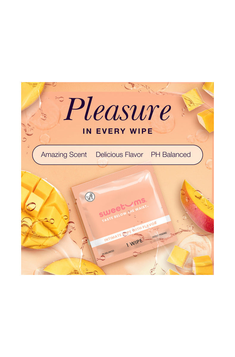 Sweetums intimate wipe packet with mango and gel, text reads Pleasure in Every Wipe, pH Balanced.