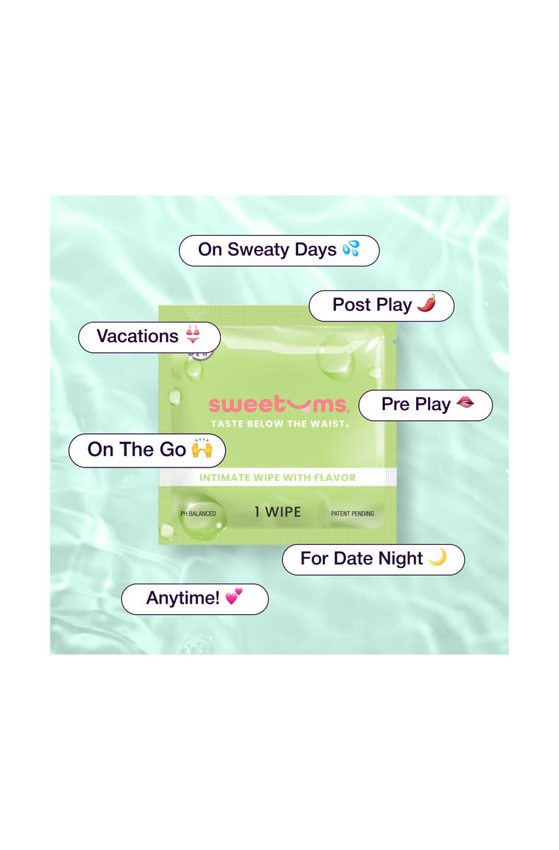 Sweetums intimate wipe packet on water with labels On the Go, Pre Play, Post Play, and Date Night.