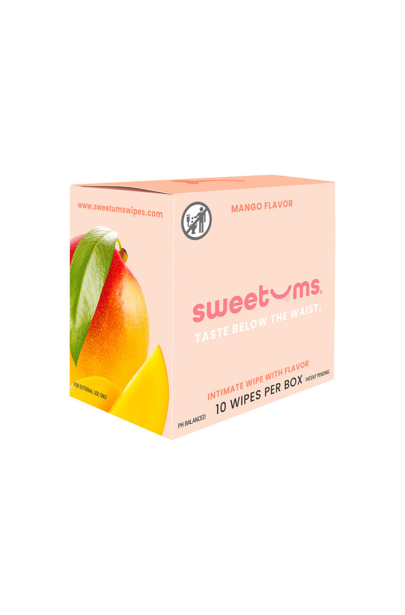 Sweetums Mango flavor intimate wipes box, peach with mango, 10 wipes per box.