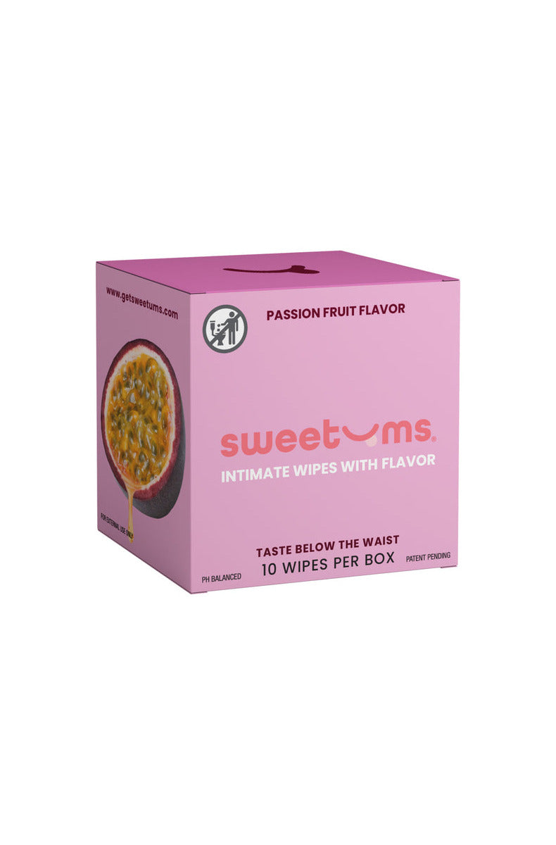 Sweetums Passion Fruit flavor intimate wipes box, mauve with passion fruit, 10 wipes per box.