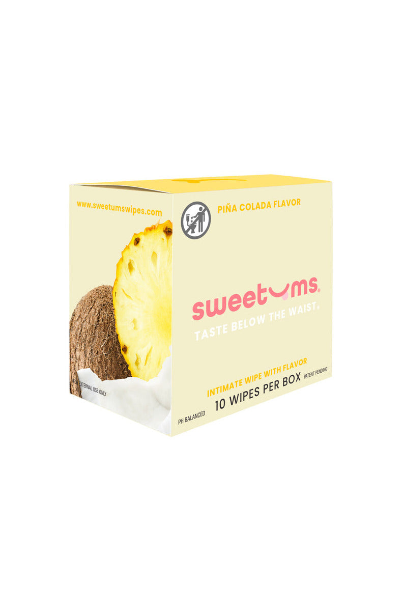 Sweetums Pina Colada flavor intimate wipes box, yellow with pineapple and coconut, 10 wipes per box.