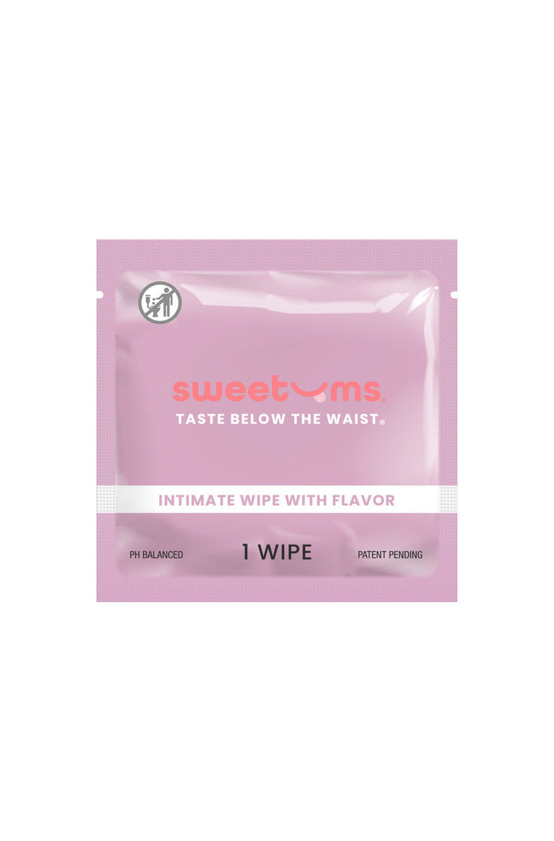 Single individually wrapped Sweetums intimate wipe packet in pink, labeled Taste Below the Waist.