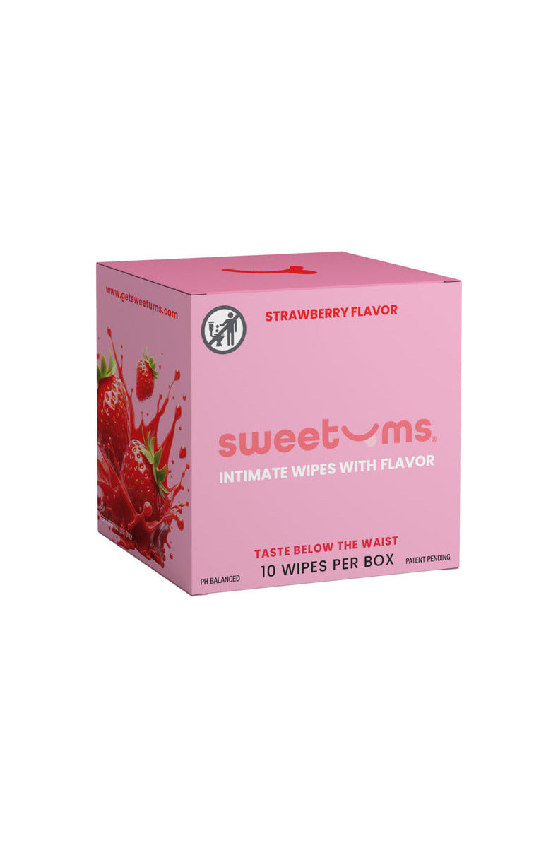 Sweetums Strawberry flavor intimate wipes box, pink with strawberries, 10 wipes per box.