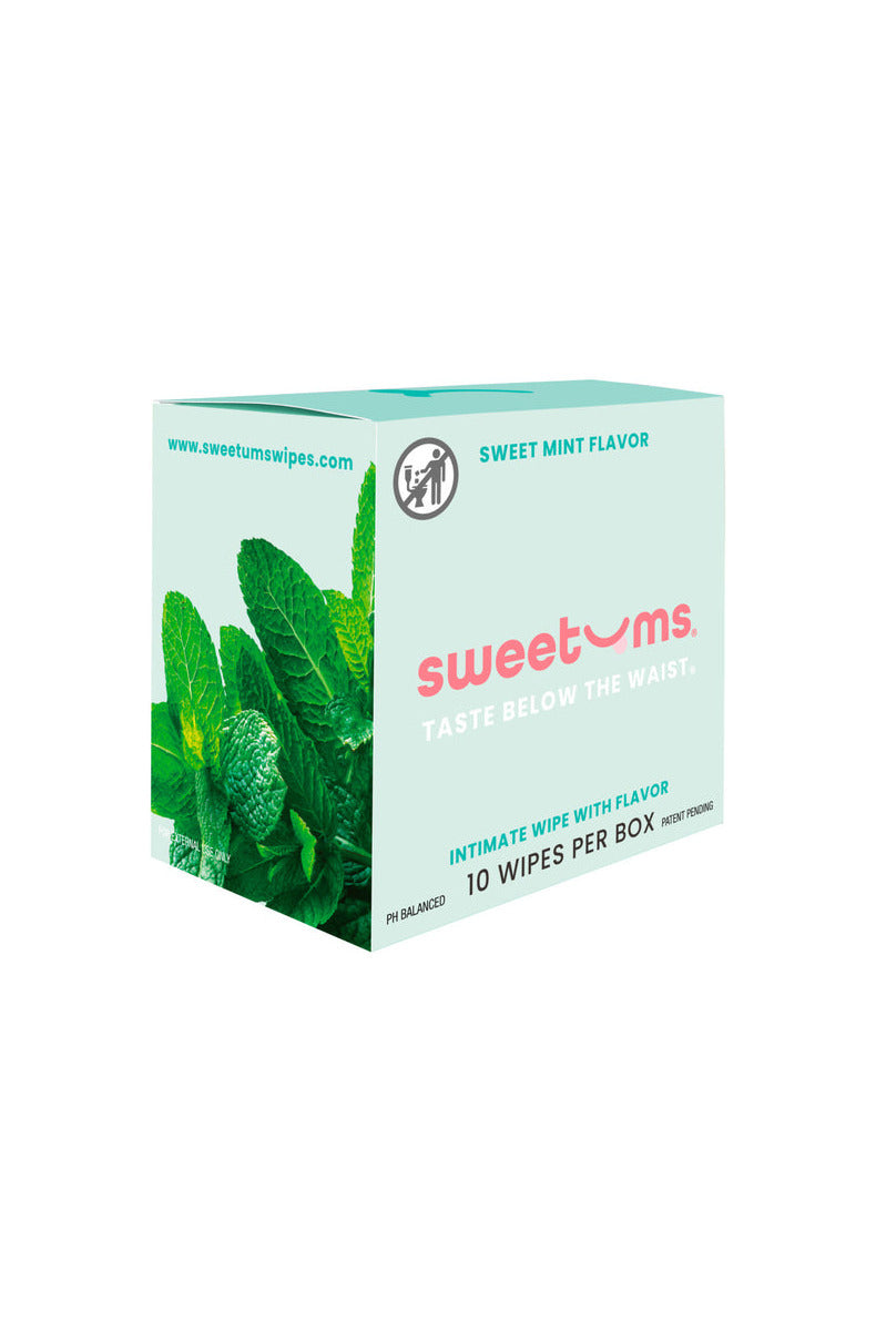 Sweetums Sweet Mint flavor intimate wipes box, mint green with mint leaves, 10 wipes per box.