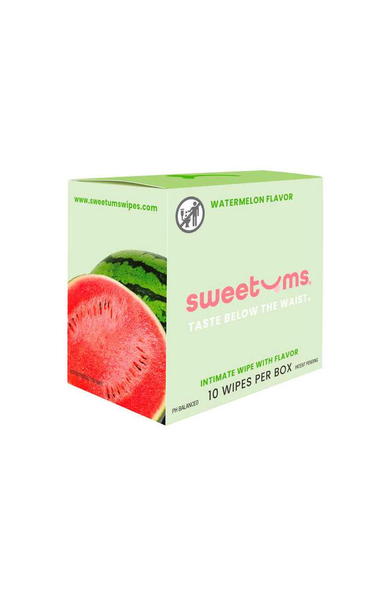 Sweetums Watermelon flavor intimate wipes box, green with watermelon, 10 wipes per box.