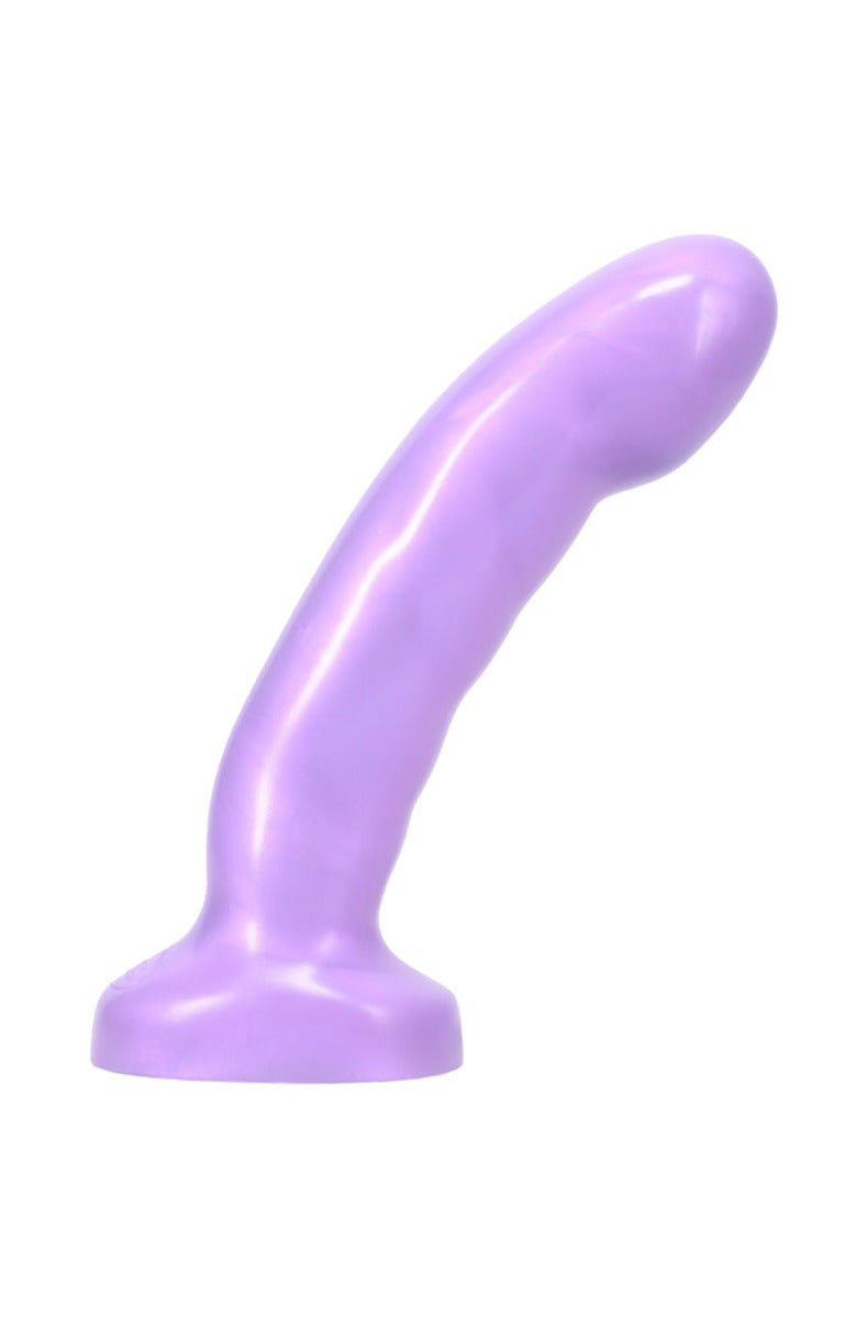 Tantus Acute lavender angled dildo, front view with ridged shaft
