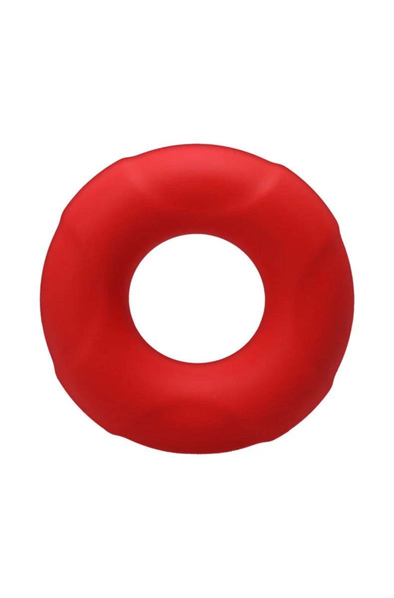 Crimson red Tantus Buoy thick silicone cock ring, alternate view, on a white background.