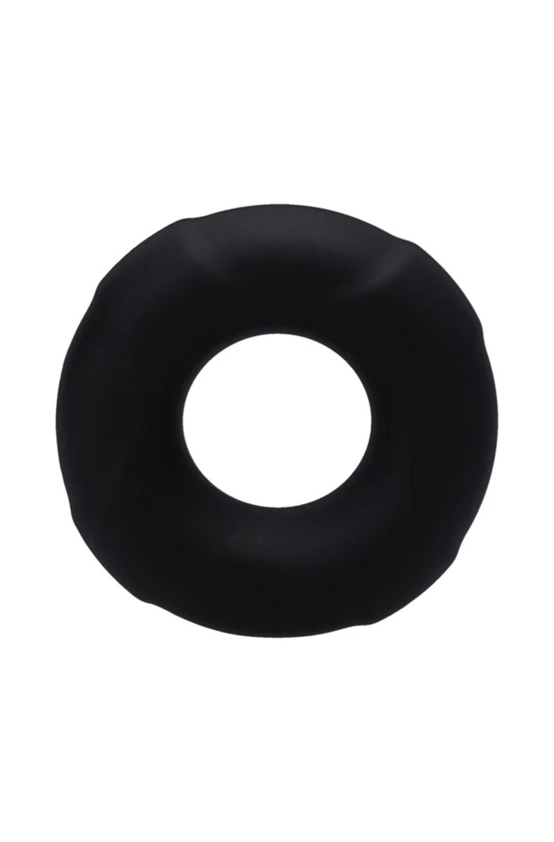 Onyx black Tantus Buoy thick silicone cock ring, alternate view, on a white background.