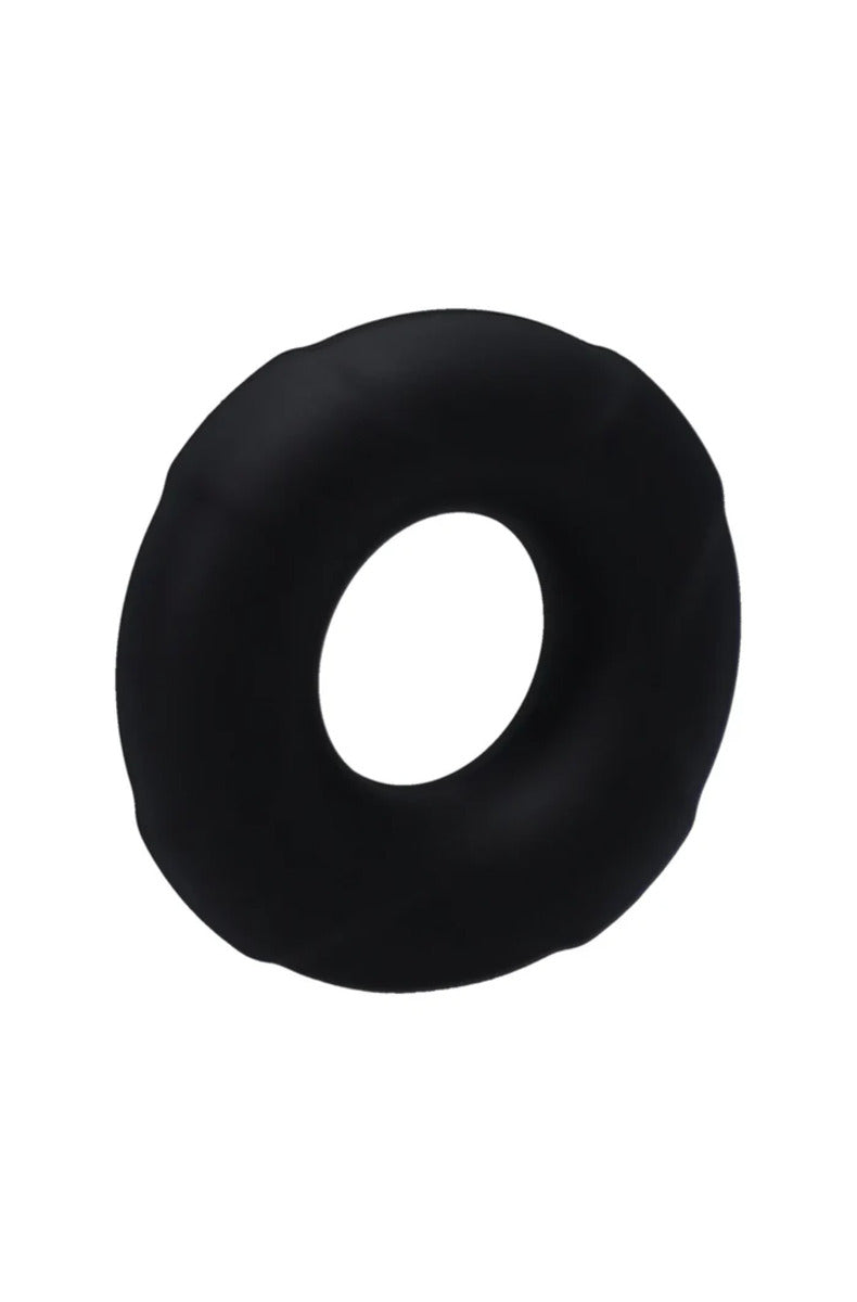 Onyx black Tantus Buoy silicone cock ring, close view of the thick ring, on white.