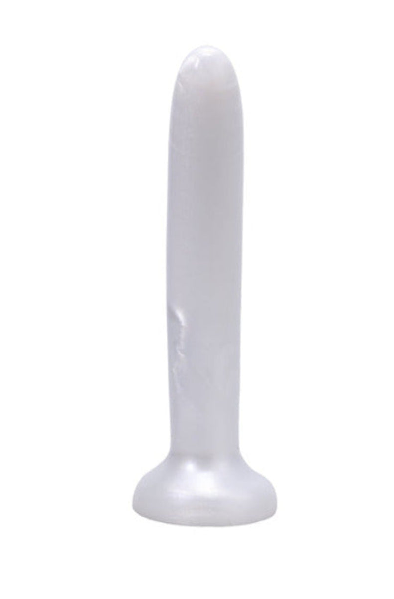 Tantus Leisure pearl white dildo showing the flared harness base