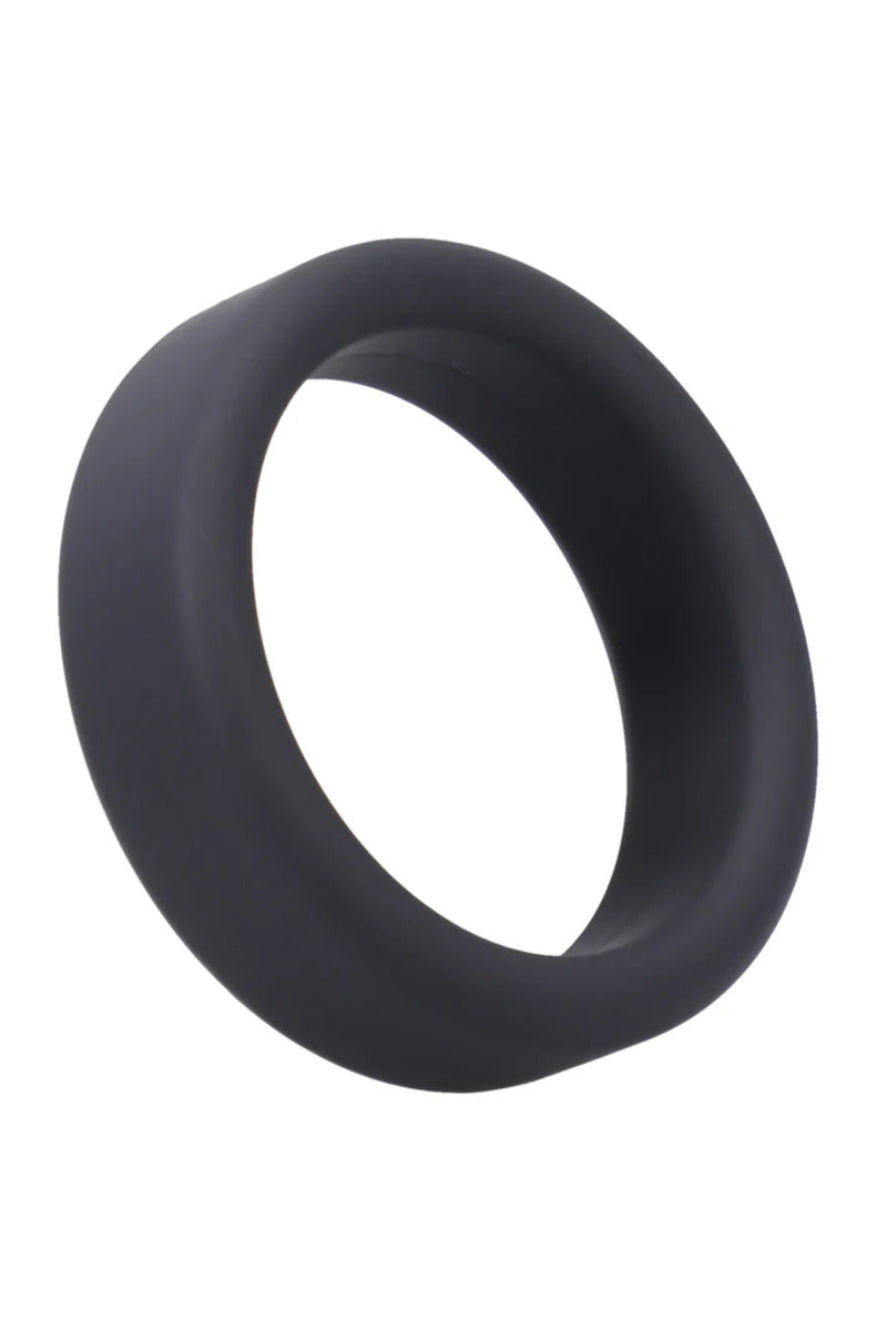 Broad matte black silicone cock ring with a smooth rounded surface, on a white background.