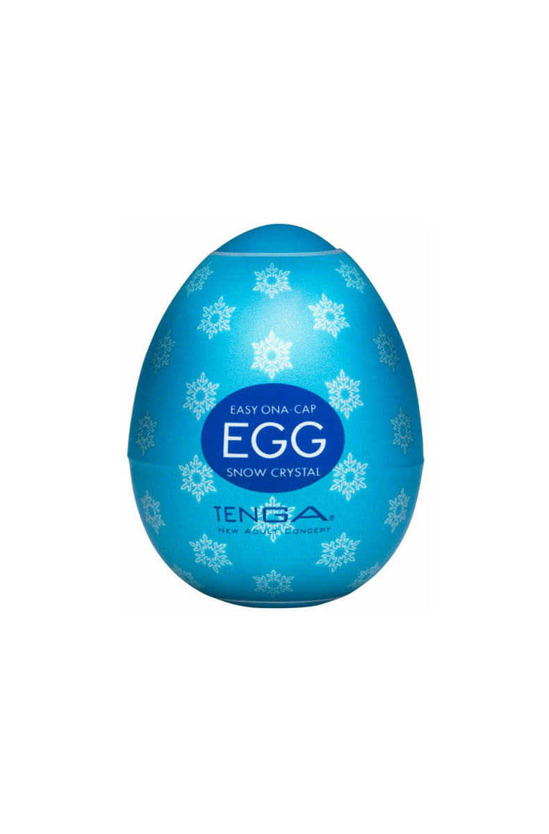 Tenga Egg Snow Crystal, blue egg case with white snowflake pattern