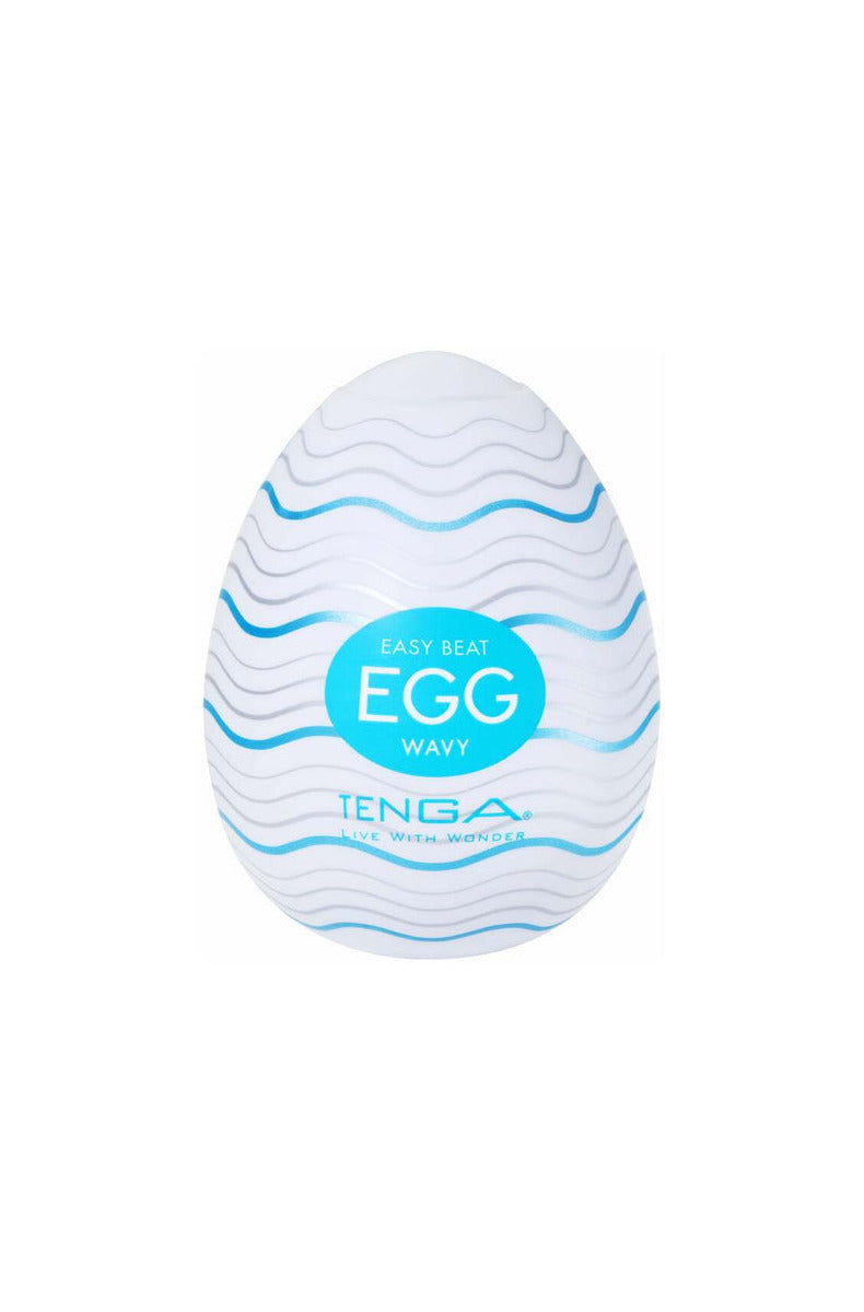 Tenga Egg Wavy, white egg case with blue wave pattern