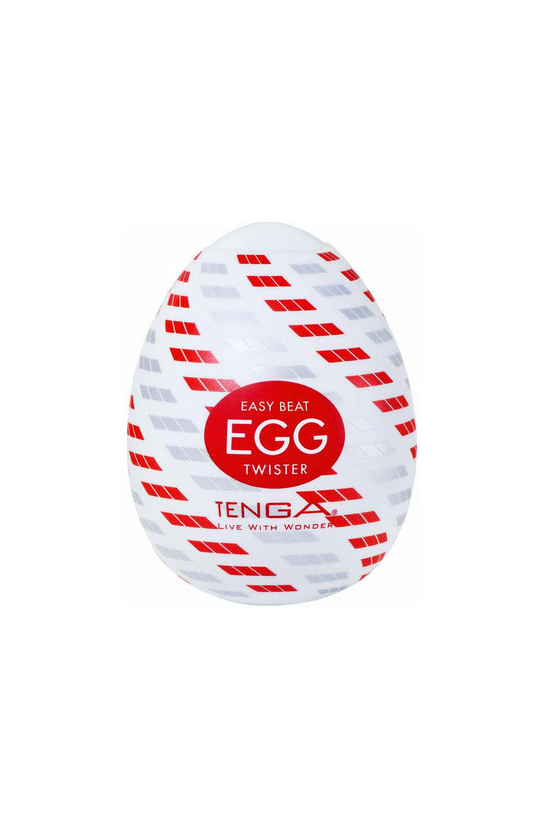 Tenga Egg Twister, white egg case with red diagonal pattern