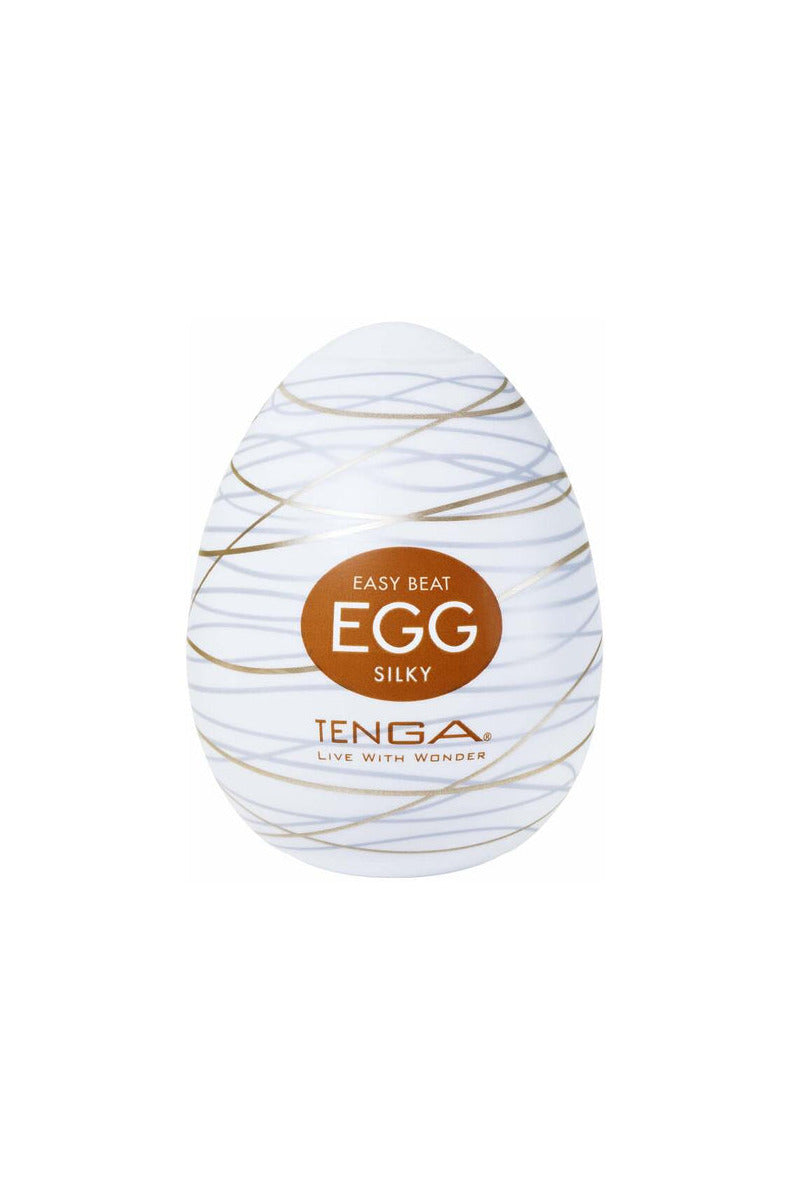 Tenga Egg Silky, white egg case with fine copper swirl lines