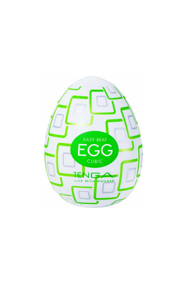 Tenga Egg Cubic, white egg case with green square pattern