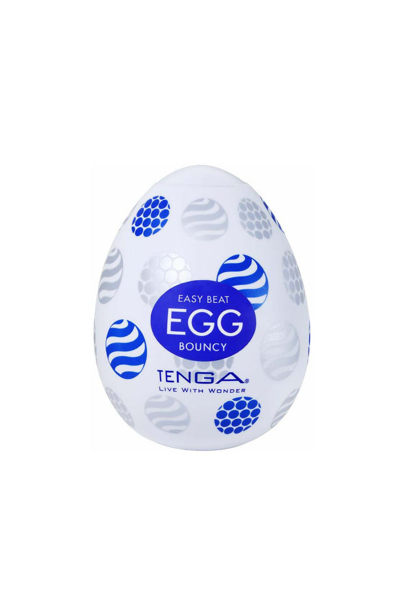 Tenga Egg Bouncy, white egg case with mixed blue bump and swirl pattern
