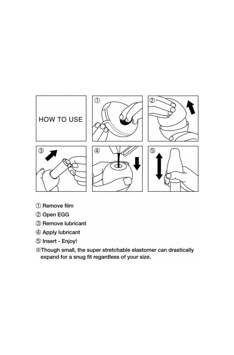 Tenga Egg how to use diagram: remove film, open egg, remove lubricant, apply lubricant, insert
