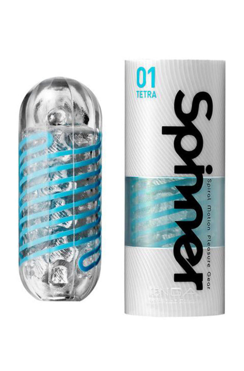 Tenga Spinner Tetra clear reusable stroker with blue internal spiral coil, next to its 01 Tetra package