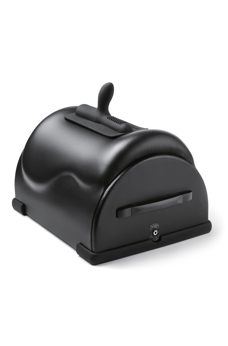 The Cowgirl Premium Riding Sex Machine, a black vegan-leather saddle machine with the curved attachment on top