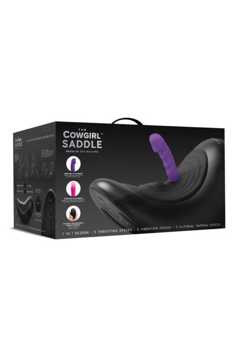 Back of The Cowgirl Saddle packaging listing features and specs