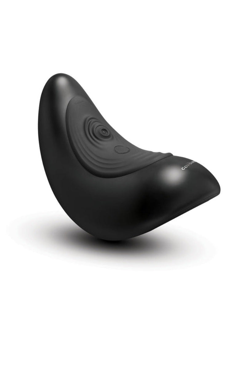 The black silicone Cowgirl Saddle with the built-in clitoral tapper on top