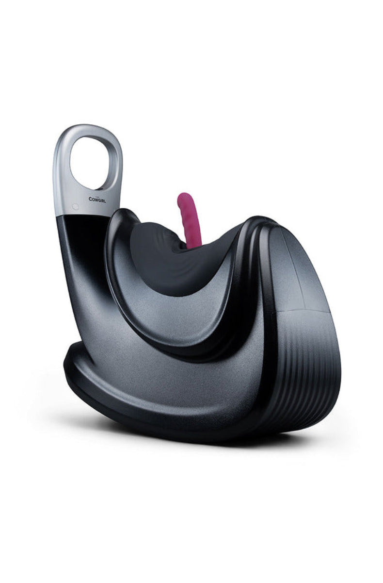 The Cowgirl Thrust Rider ride-on sex machine with the burgundy thrusting attachment and grip handle