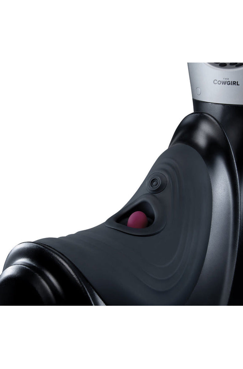 Close-up of the Thrust Rider seat showing the clitoral tapper and magnetic docking slot