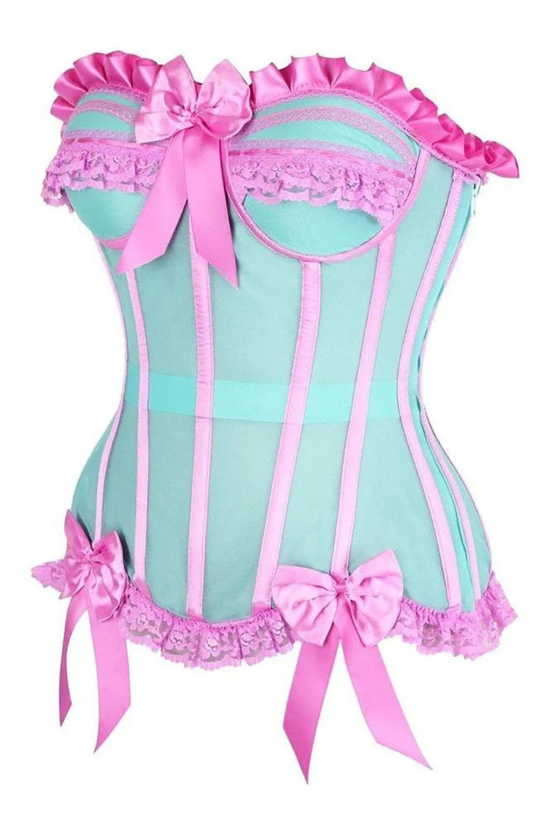pink and blue Soft fabric mesh bustier corset mint pink steel boned