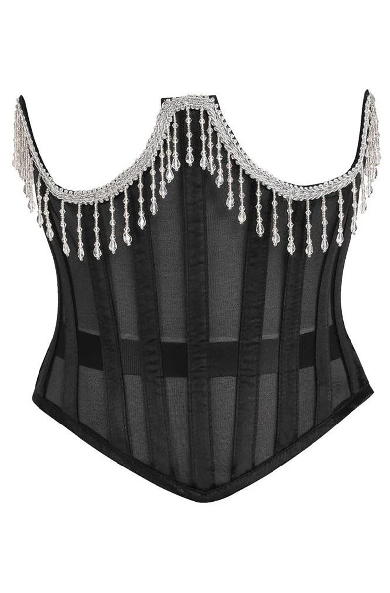 Sheer black mesh steel-boned corset with crystal-bead fringe trim along the bust line
