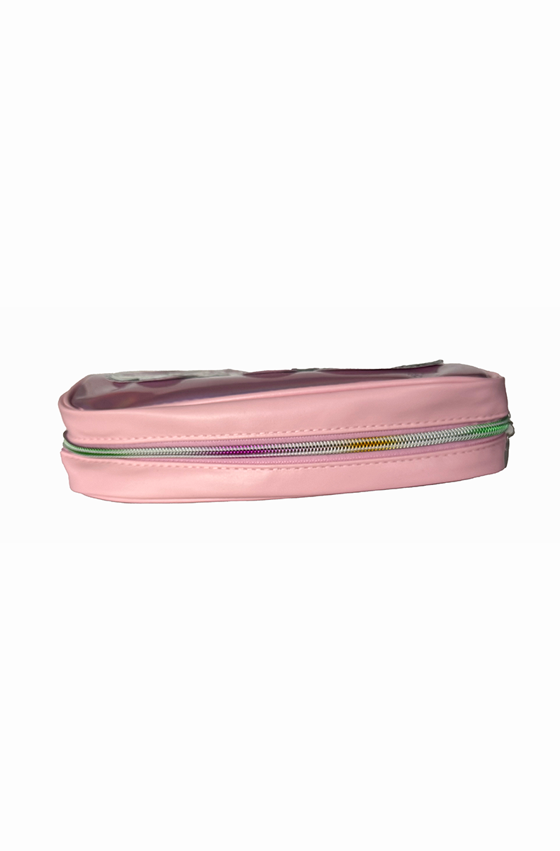 Pink and iridescent silver-pink holographic travel bag with bold "Slut" lettering in script, outlined and trimmed in clear glitter, with a top metal zipper.