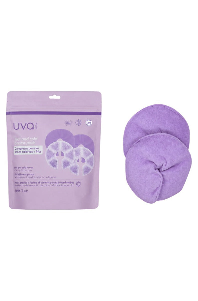 Pair of purple hot and cold breast pads in plush covers beside the package, which shows the gel pads with their keyhole openings