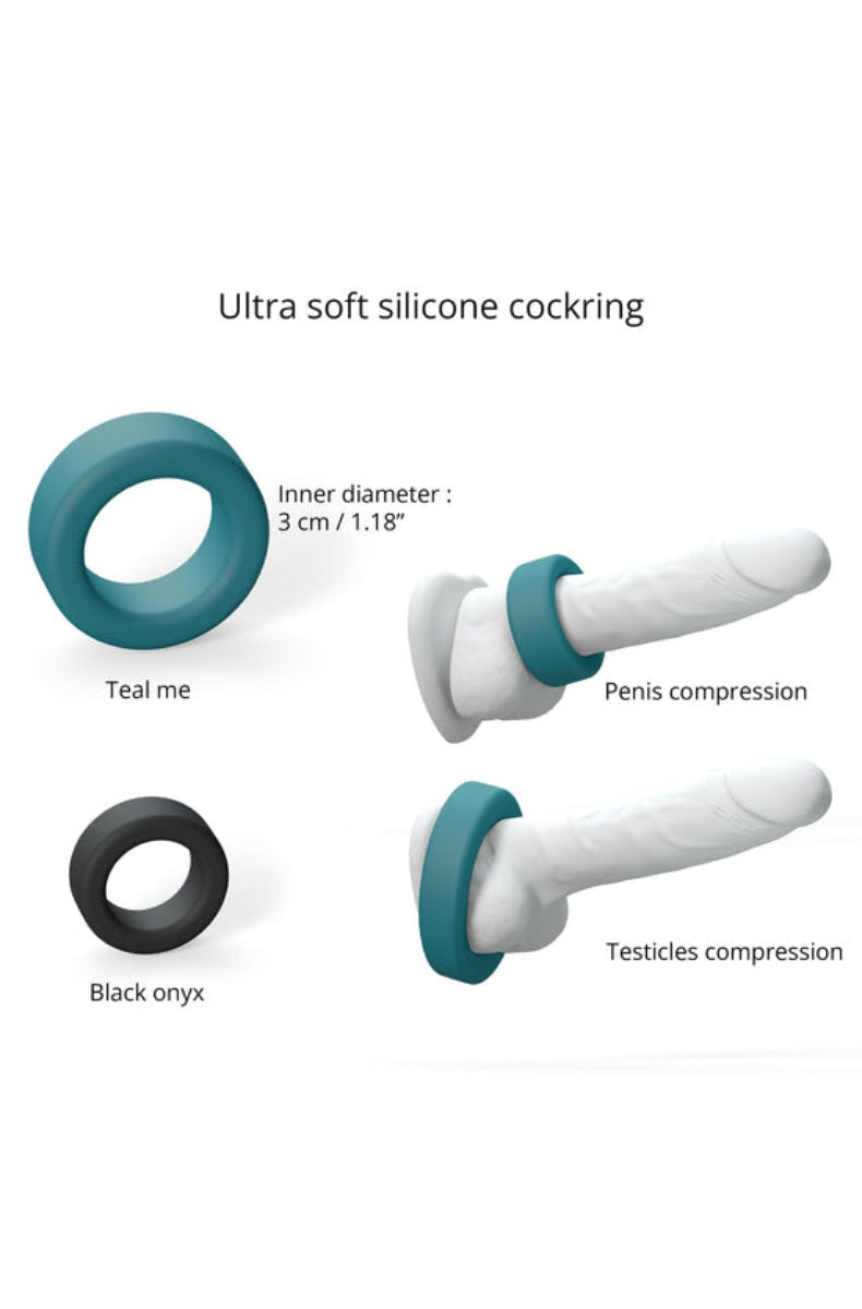 Diagram showing teal and black cock rings with penis positioning and inner diameter measurements
