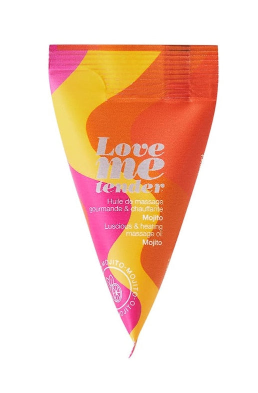 Back view of triangle packet showing mojito scent label and product details in French and English