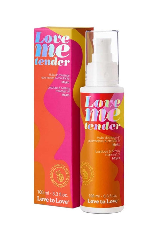 Front view of Love Me Tender massage oil bottle with white pump and orange-pink gradient packaging showing mojito flavor