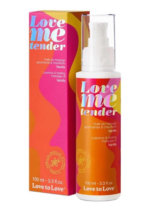 Front view of Love Me Tender massage oil bottle with white pump and orange-pink gradient packaging showing vanilla flavor