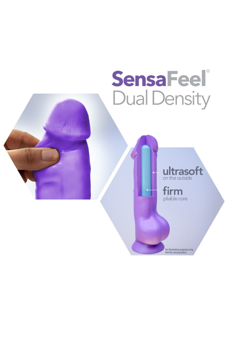 Front view of purple dual density dildo with realistic texture and suction cup base