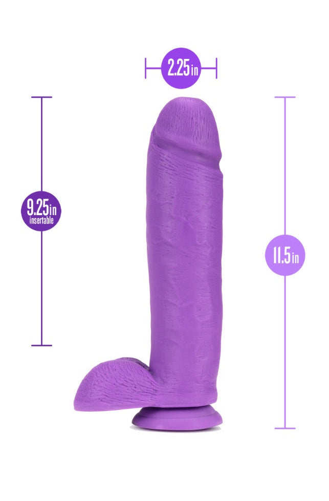 Purple dildo with dimension measurements showing 11.5 inch total length and 2.25 inch width
