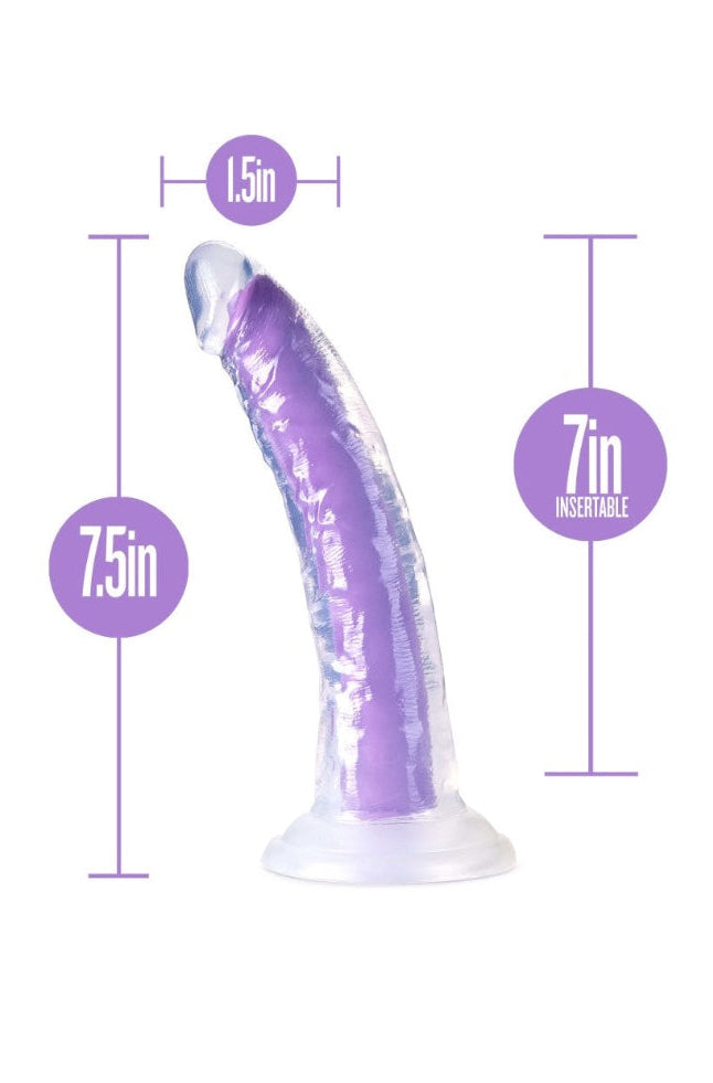 Size diagram of purple dildo showing 7.5 inch total length, 7 inch insertable, and 1.5 inch width measurements