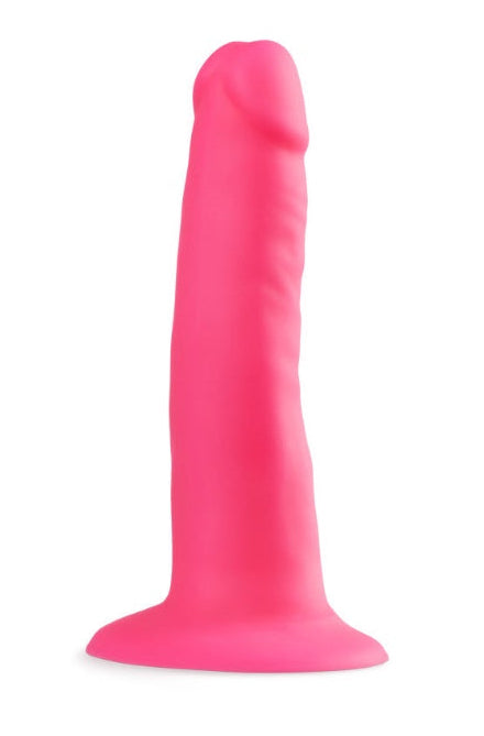 Front view of hot pink silicone dildo with tapered tip and wide suction cup base