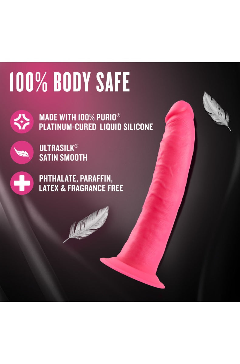 Back view of hot pink silicone dildo showing curved shaft and suction cup base