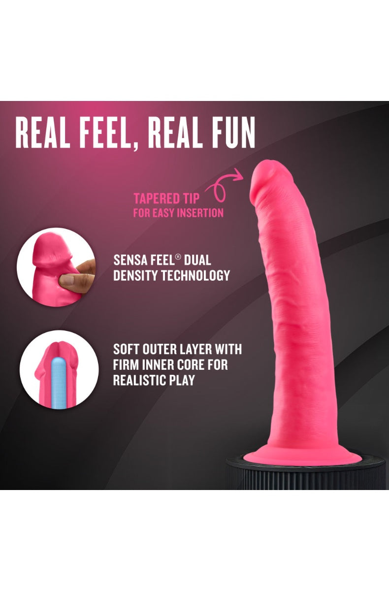 Marketing graphic showing hot pink dildo with body safe silicone material callouts