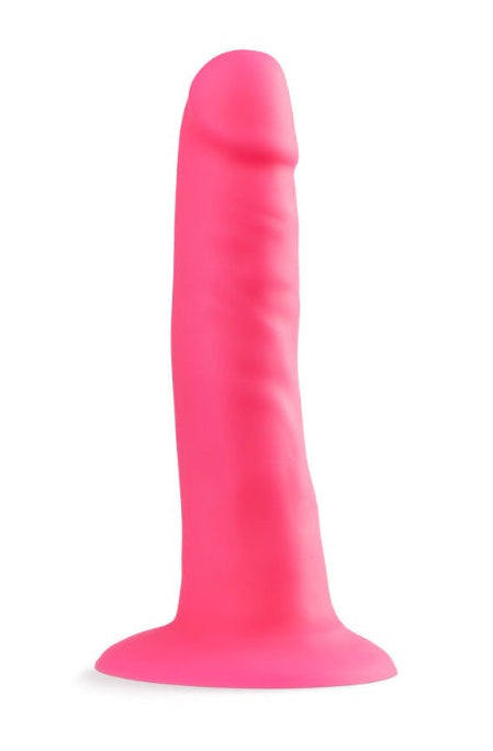 Side view of hot pink dildo showing tapered tip against white background