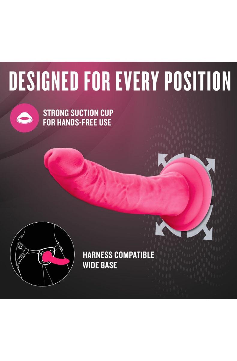 Marketing graphic showing hot pink dildo with suction cup and harness compatibility features