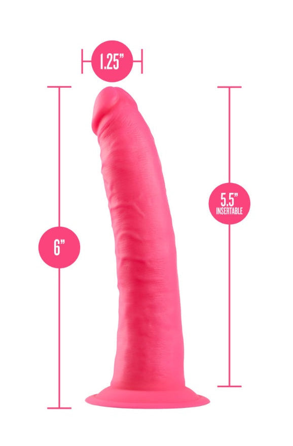 Size diagram of hot pink dildo showing 6 inch total length and 1.25 inch width measurements