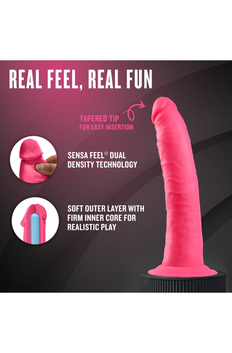 Marketing image showing pink dildo with dual density construction details and feature callouts