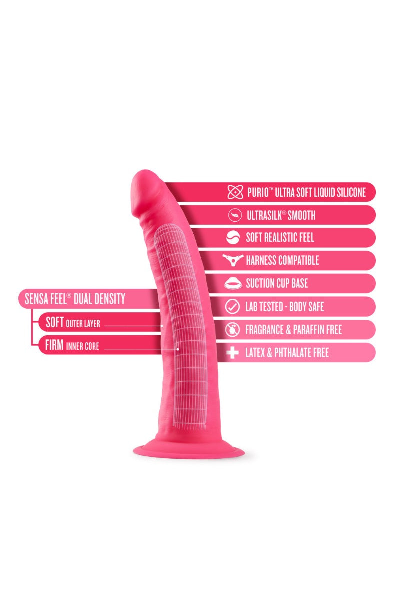 Marketing image showing pink dildo with dual density construction details and feature callouts