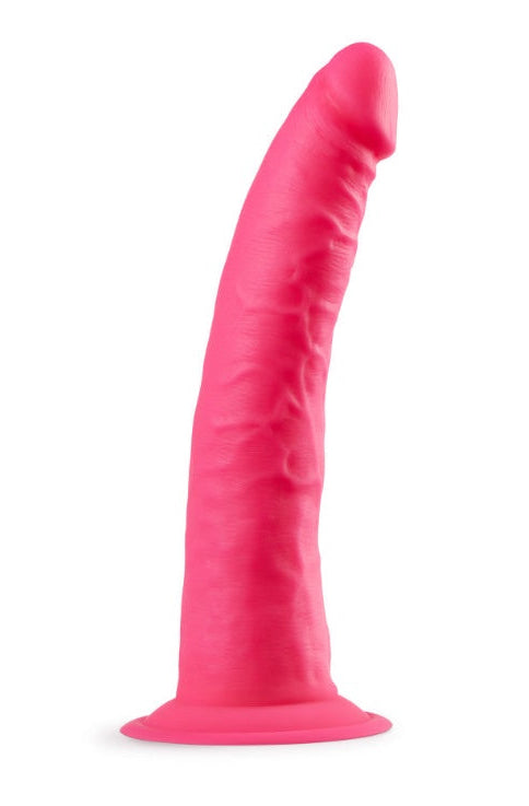Angled view of pink dildo showing curved shaft and realistic head detail